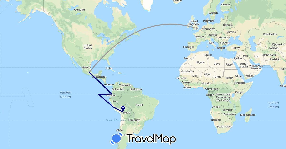 TravelMap itinerary: driving, plane in Bolivia, Ecuador, United Kingdom, Mexico, Peru (Europe, North America, South America)